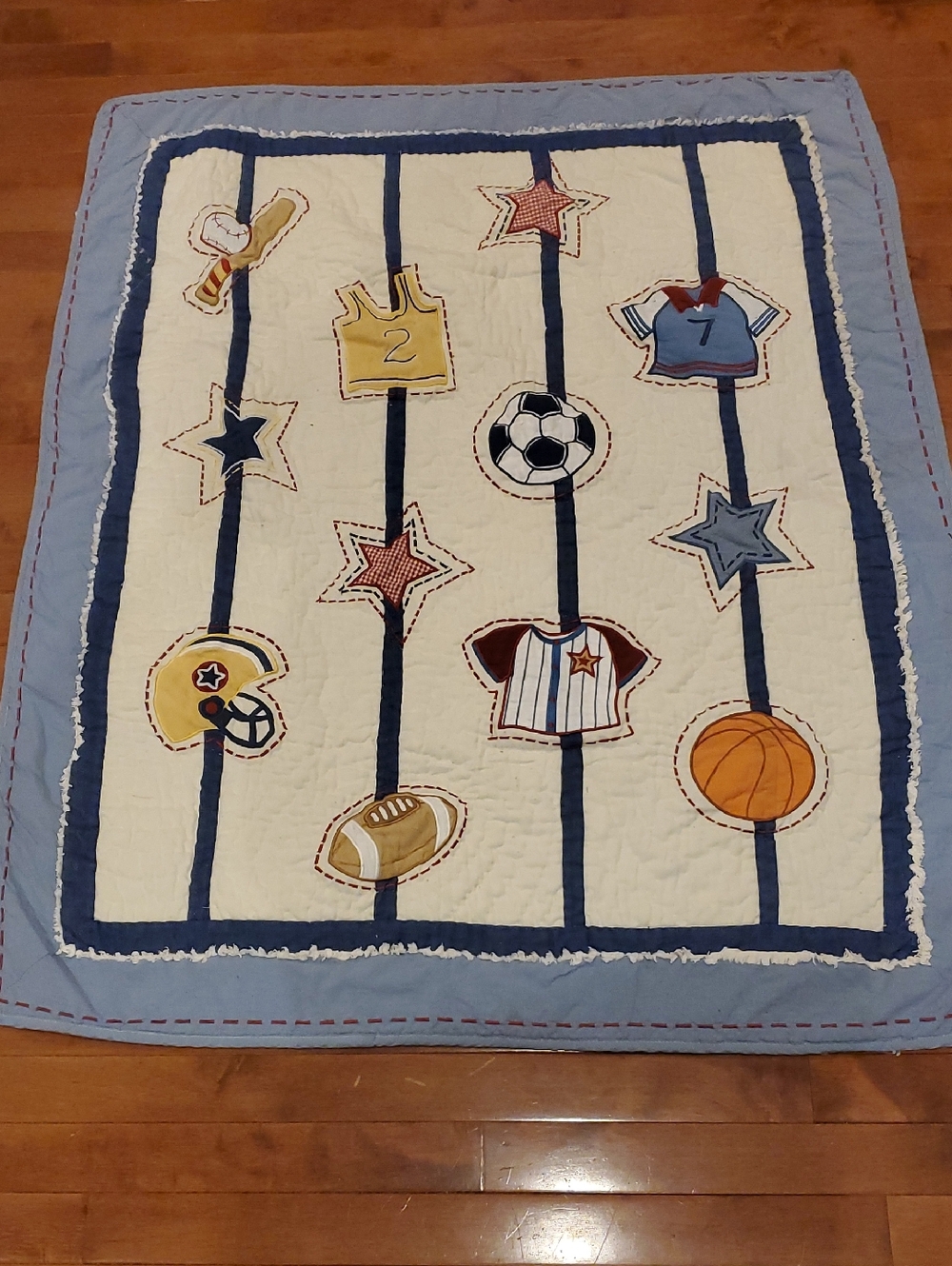 Sports Themed Baby Quilt - Blue, Cream, Yellow